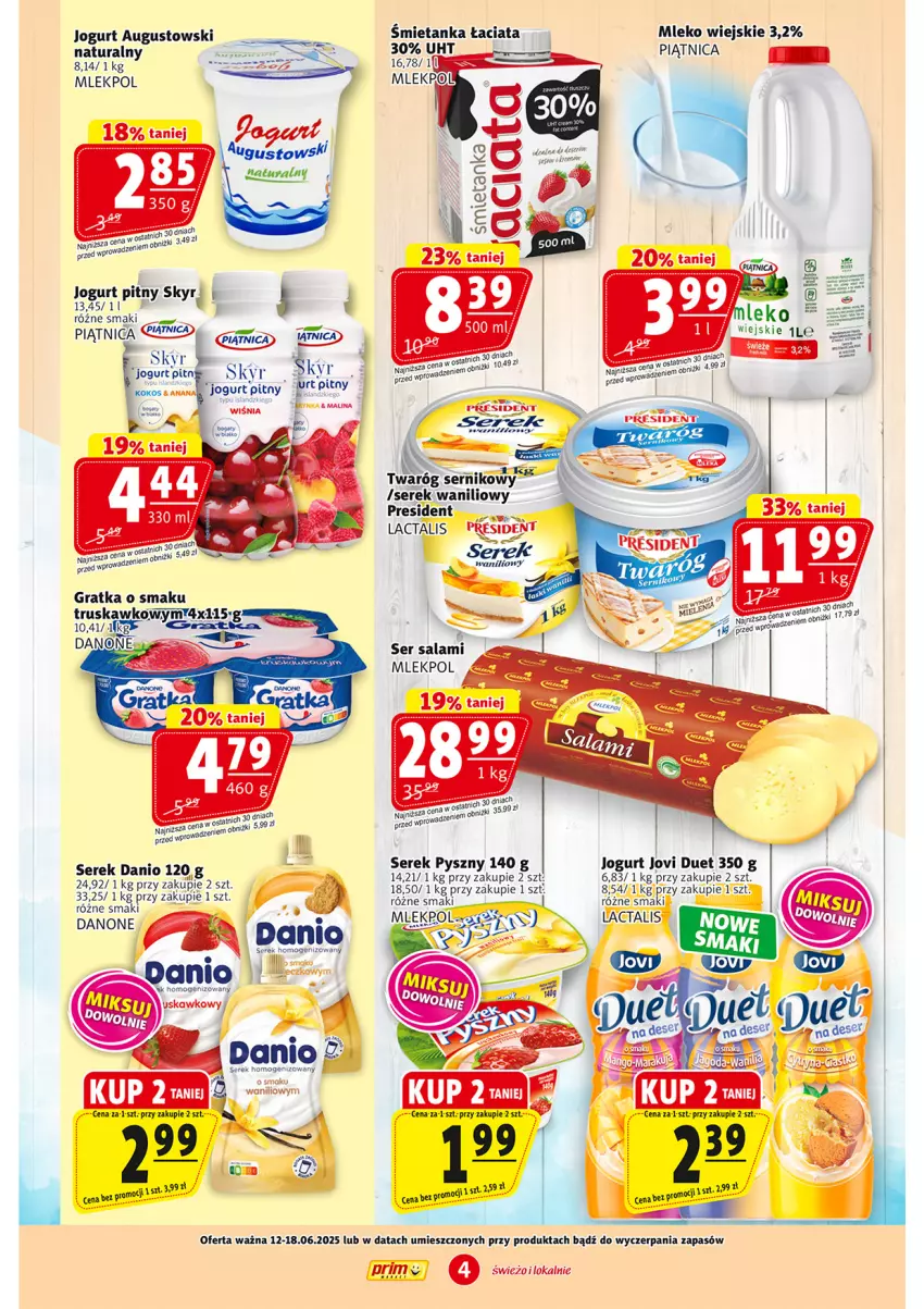 Gazetka promocyjna Prim Market - ważna 12.06 do 18.06.2025 - strona 4 - produkty: Danone, Gra, Jogurt, Jogurt pitny, Kokos, Mleko, Piątnica, Salami, Ser, Ser salami, Serek, Twaróg