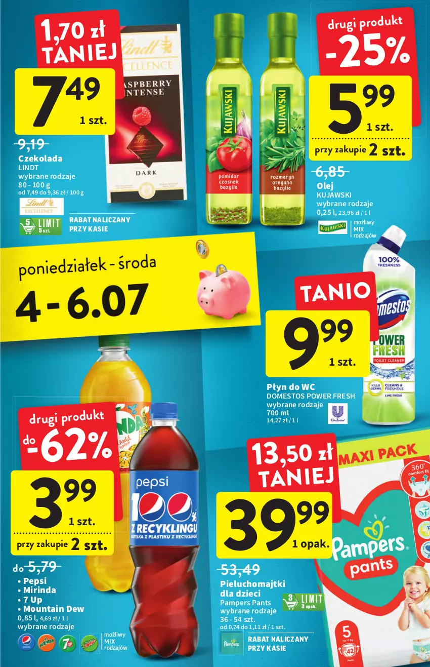 Gazetka promocyjna Intermarche - ważna 30.06 do 06.07.2022 - strona 39 - produkty: Czekolada, Domestos, Dzieci, Kujawski, Lindt, Majtki, Mirinda, Olej, Pampers, Pepsi, Pieluchomajtki, Płyn do wc