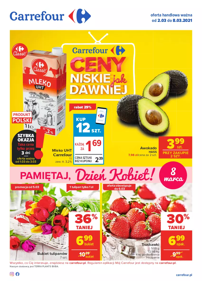 Gazetka promocyjna Carrefour - Gazetka Carrefour - ważna 01.03 do 08.03.2021 - strona 1 - produkty: Bukiet, Mięta, Mleko, Truskawki, Tulipan