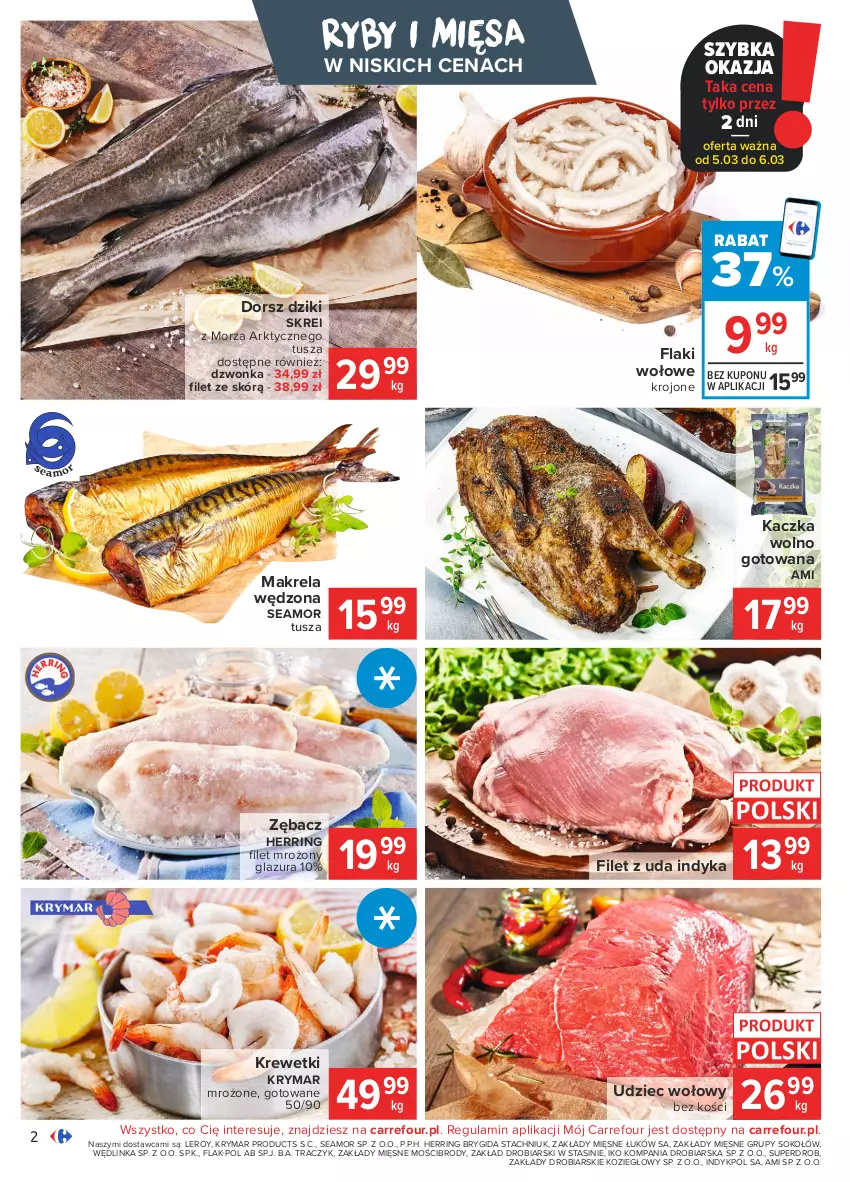 Gazetka promocyjna Carrefour - Gazetka Carrefour - ważna 01.03 do 08.03.2021 - strona 2 - produkty: Dorsz, Flaki, Flaki wołowe, Glazura, Inka, Kaczka, Krewetki, Lazur, Sok, Sokołów, Tusz, Udziec wołowy