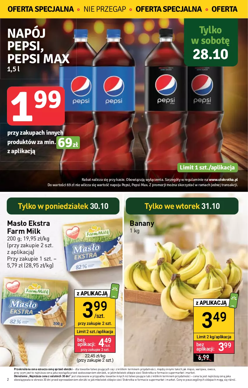 Gazetka promocyjna Stokrotka - Supermarket - ważna 26.10 do 02.11.2023 - strona 2 - produkty: Banany, Fa, Farm Milk, Masło, Mięso, Napój, Owoce, Pepsi, Pepsi max, Rama, Tran, Warzywa