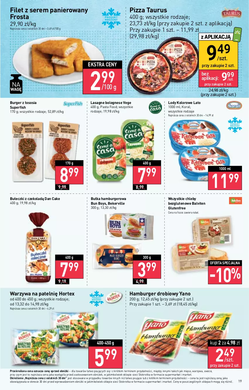 Gazetka promocyjna Stokrotka - Supermarket - ważna 26.10 do 02.11.2023 - strona 20 - produkty: Bułeczki, Bułka, Bułka hamburger, Burger, Chleb, Dan Cake, Frosta, Hamburger, Hortex, Lasagne, Lasagne bolognese, Lody, Mięso, Owoce, Pizza, Ser, Sos, Warzywa