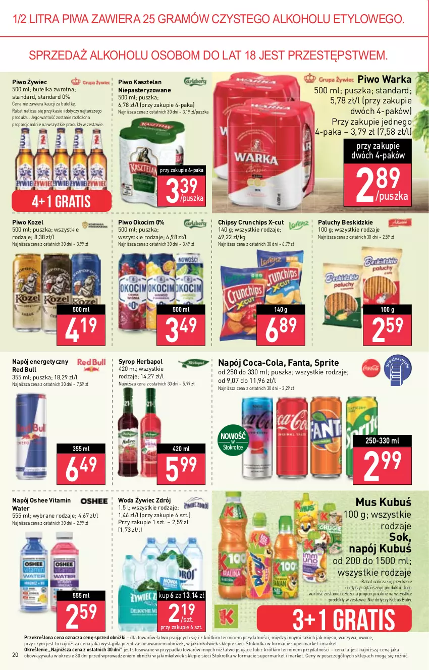 Gazetka promocyjna Stokrotka - Supermarket - ważna 26.10 do 02.11.2023 - strona 21 - produkty: Beskidzki, Chipsy, Coca-Cola, Crunchips, Fa, Fanta, Gra, Herbapol, Kasztelan, Koc, Kozel, Kubuś, Mięso, Mus, Napój, Napój energetyczny, Okocim, Oshee, Owoce, Piwa, Piwo, Por, Red Bull, Sok, Sprite, Syrop, Warka, Warzywa, Woda