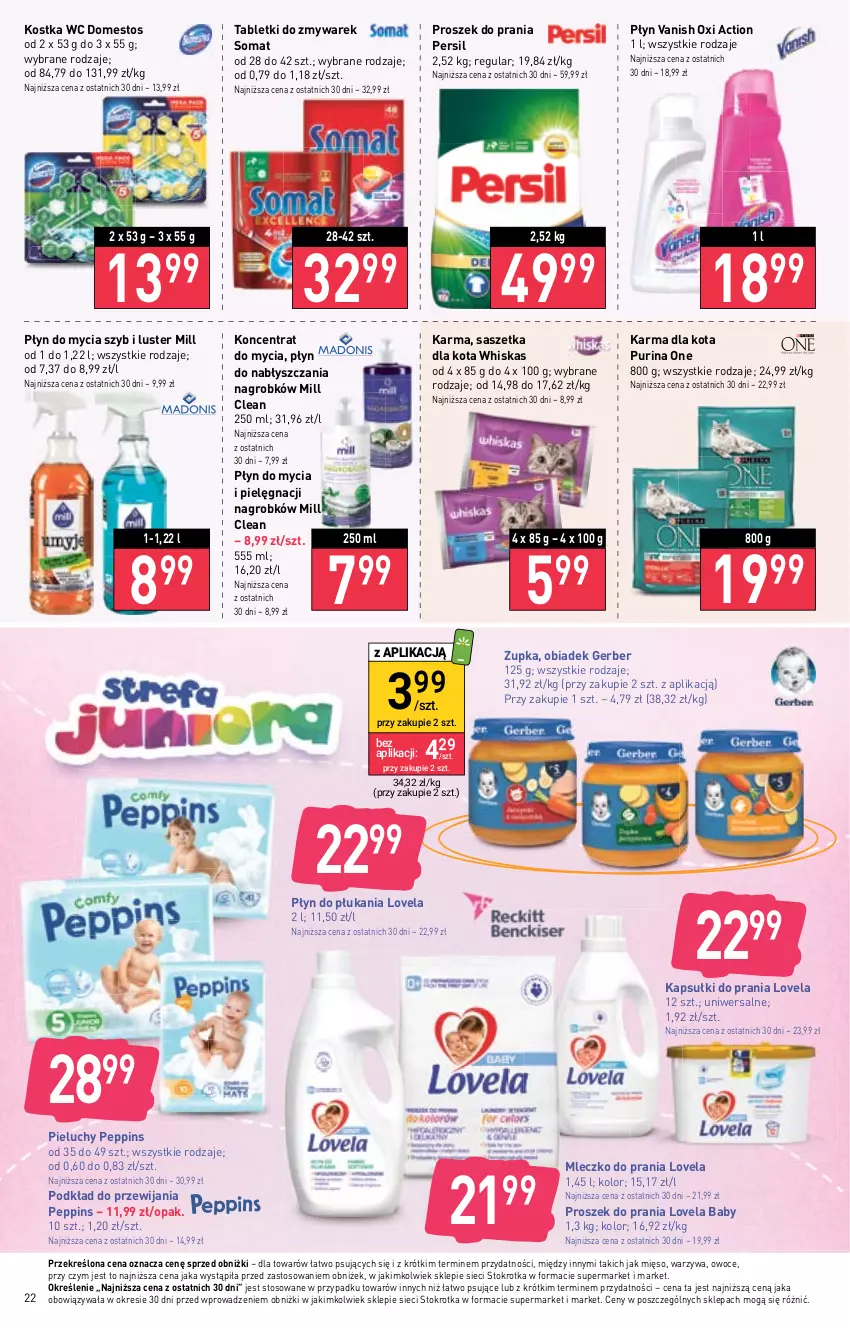 Gazetka promocyjna Stokrotka - Supermarket - ważna 26.10 do 02.11.2023 - strona 23 - produkty: Domestos, Gerber, Kapsułki do prania, Lovela, Mięso, Mleczko, Mleczko do prania, Owoce, Persil, Pieluchy, Płyn do mycia, Płyn do płukania, Podkład, Proszek do prania, Pur, Purina, Somat, Tablet, Vanish, Warzywa, Whiskas