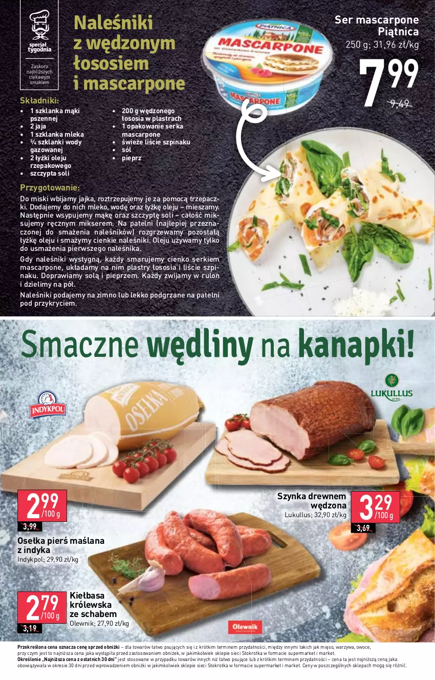 Gazetka promocyjna Stokrotka - Supermarket - ważna 26.10 do 02.11.2023 - strona 9 - produkty: Jaja, Kiełbasa, LANA, Lanki, Mascarpone, Mięso, Mikser, Mleko, Naleśniki, Olej, Olewnik, Owoce, Piątnica, Pieprz, Ser, Sól, Sos, Szklanka, Szpinak, Szynka, Warzywa