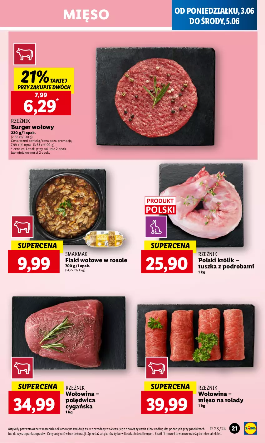 Gazetka promocyjna Lidl - GAZETKA - ważna 03.06 do 05.07.2024 - strona 21 - produkty: Burger, Flaki, Flaki wołowe, Królik, Mięso, Polędwica, Tusz, Wołowina