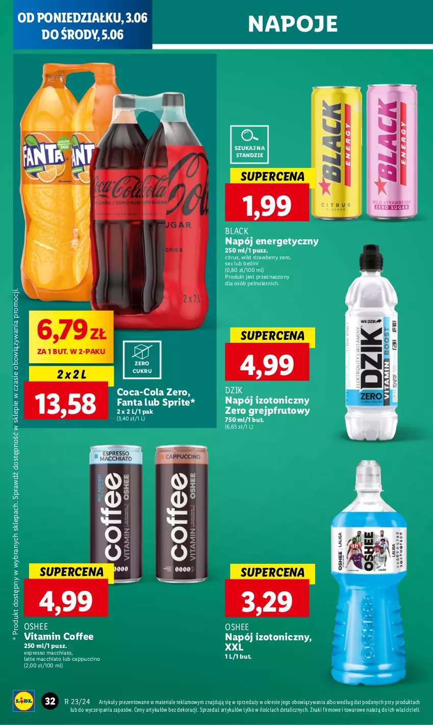 Gazetka promocyjna Lidl - GAZETKA - ważna 03.06 do 05.07.2024 - strona 36 - produkty: Bell, Cappuccino, Chia, Coca-Cola, Fa, Fanta, Grejpfrut, Lack, Napój, Napój energetyczny, Napój izotoniczny, Napoje, Oshee, Sprite