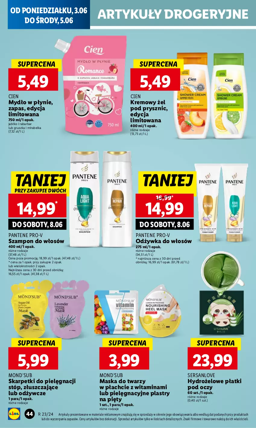 Gazetka promocyjna Lidl - GAZETKA - ważna 03.06 do 05.07.2024 - strona 48 - produkty: Hydrożelowe płatki pod oczy, Karp, Maska, Maska do twarzy, Mydło, Mydło w płynie, Odżywka, Pantene, Ser, Skarpetki, Szampon