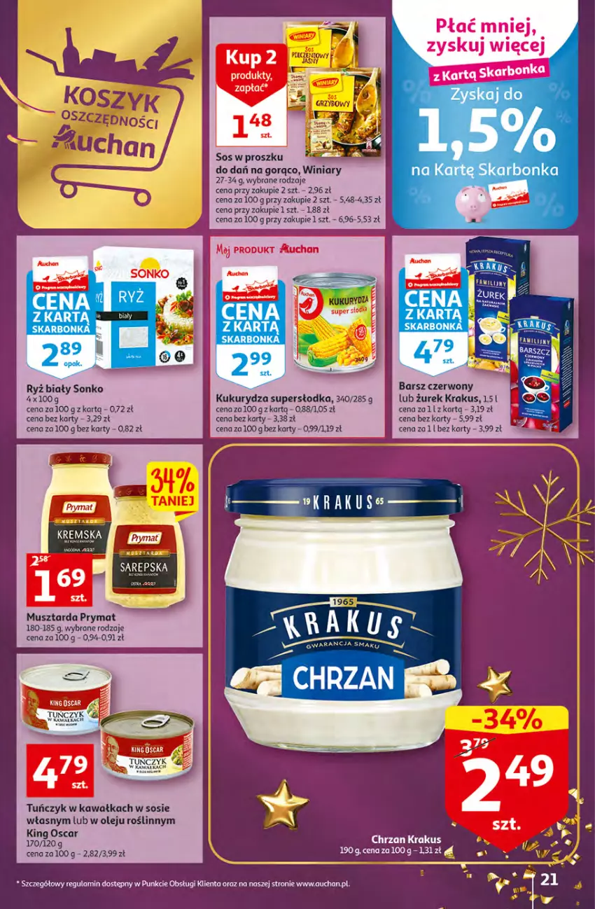 Gazetka promocyjna Auchan - Gazetka Magia Świąt Auchan Hipermarket - ważna 08.12 do 14.12.2022 - strona 21 - produkty: Chrzan, Kawa, Krakus, Kukurydza, Mus, Musztarda, Olej, Prymat, Ryż, Ryż biały, Sonko, Sos, Tuńczyk, Winiary