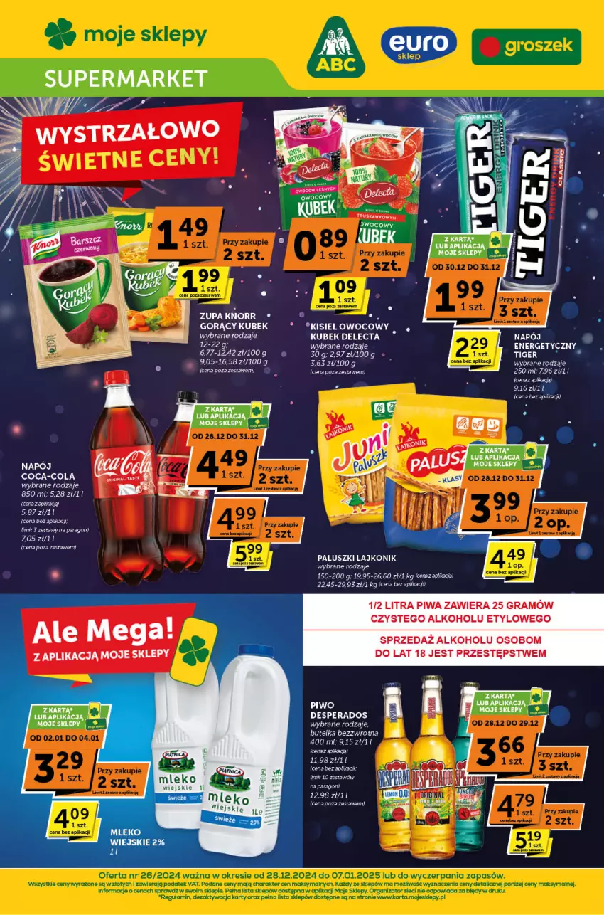 Gazetka promocyjna ABC - ważna 28.12.2024 do 07.01.2025 - strona 1 - produkty: Coca-Cola, Delecta, Desperados, EPEE, Gra, Knorr, Kubek, Lajkonik, Napój, Napój energetyczny, Piwa, Piwo, Tiger, Top, Zupa