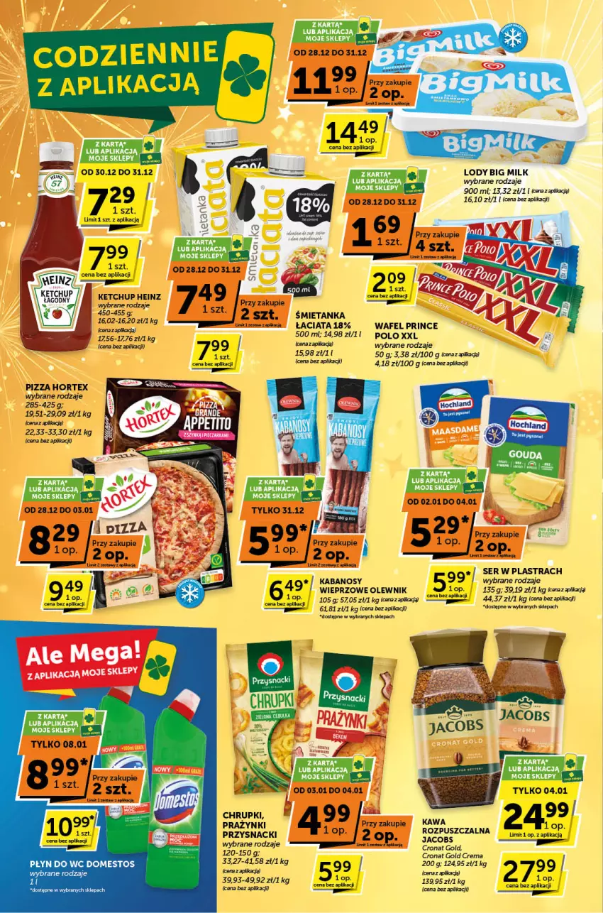 Gazetka promocyjna ABC - ważna 28.12.2024 do 07.01.2025 - strona 2 - produkty: Big Milk, Domestos, Gouda, Heinz, Hortex, Jacobs, Kabanos, Ketchup, Lody, Olewnik, Pizza, Płyn do wc, Przysnacki, Ser