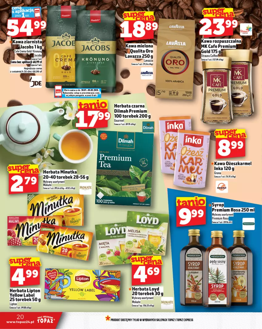 Gazetka promocyjna Topaz - Gazetka - ważna 30.01 do 05.02.2025 - strona 20 - produkty: Dilmah, Herbata, Herbata czarna, Inka, Jacobs, Kawa, Kawa mielona, Kawa rozpuszczalna, Lavazza, Lipton, Sos, Top