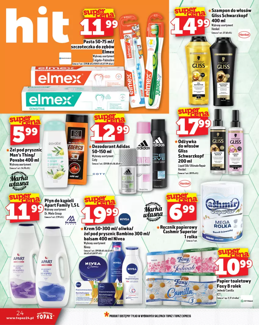 Gazetka promocyjna Topaz - Gazetka - ważna 30.01 do 05.02.2025 - strona 24 - produkty: Adidas, Colgate, Dezodorant, Elmex, Fa, Foxy, LG, Nivea, Odżywka, Palmolive, Papier, Papier toaletowy, Płyn do kąpieli, Schwarzkopf, Szampon, Szczoteczka, Szczoteczka do zębów, Top