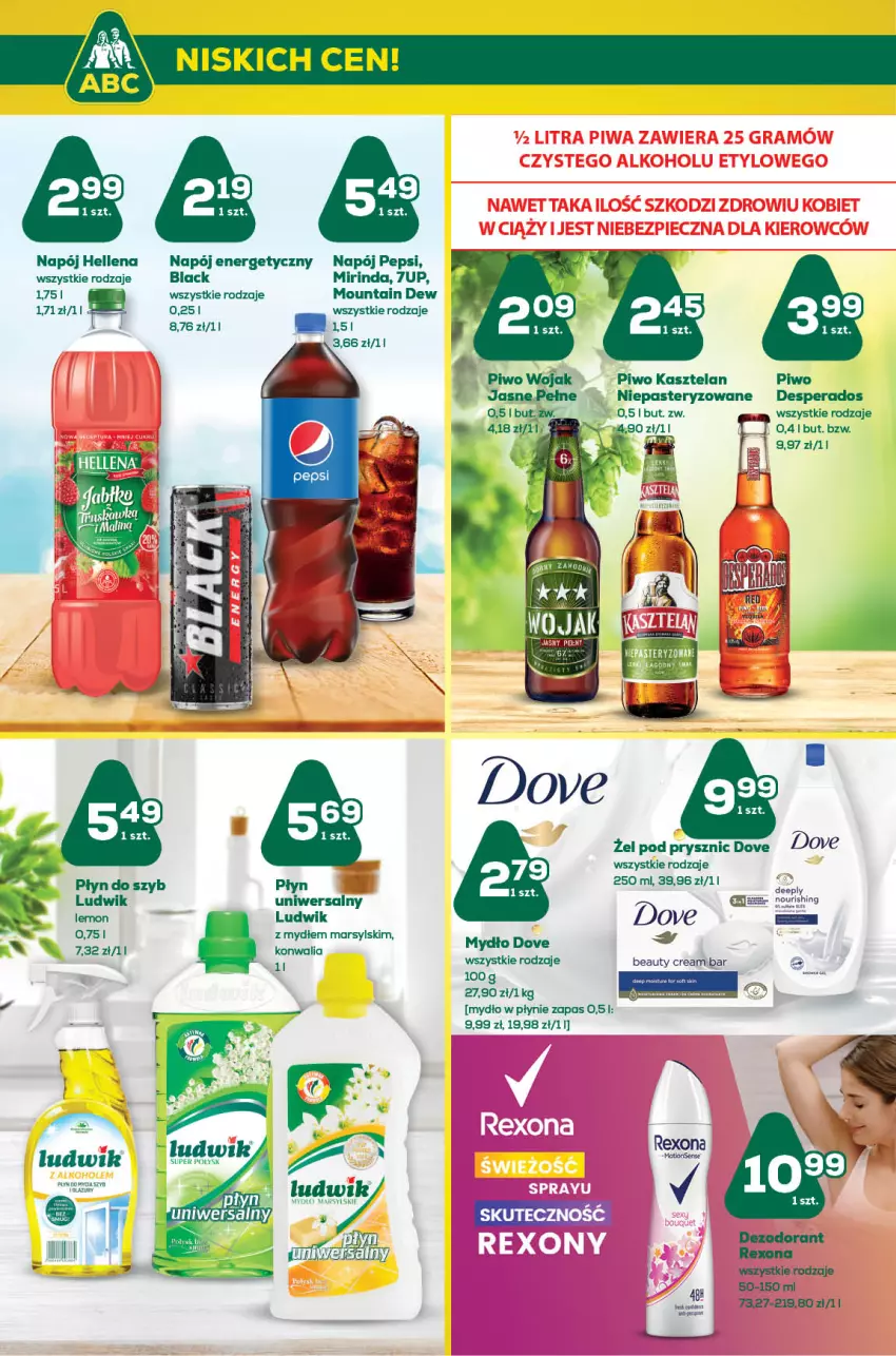 Gazetka promocyjna ABC - Gazetka - ważna 22.09 do 05.10.2022 - strona 8 - produkty: 7up, Desperados, Dezodorant, Dove, Hellena, Kasztelan, Lack, Ludwik, Mars, Mirinda, Mydło, Mydło w płynie, Napój, Napój energetyczny, Pepsi, Piwo, Piwo jasne, Płyn do szyb, Rexona