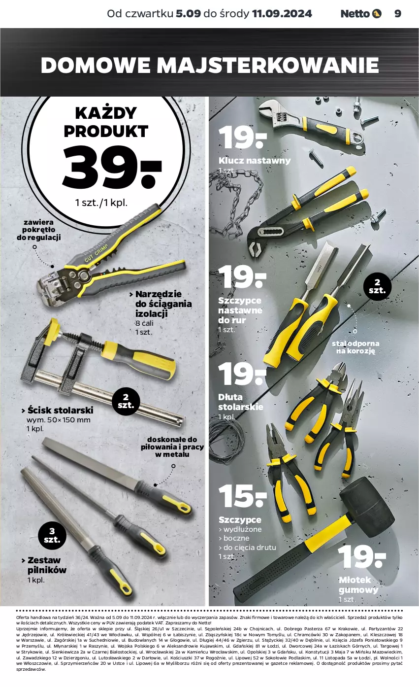 Gazetka promocyjna Netto - Akcesoria i dodatki - ważna 05.09 do 11.09.2024 - strona 9 - produkty: Fa, Kujawski, Młot, Młotek, Pilnik, Podlaski, Por, Sok, Stock, Szczypce, Top