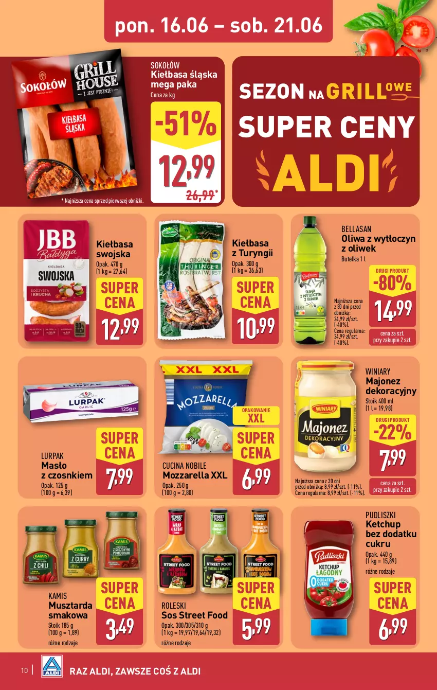 Gazetka promocyjna Aldi - Oferta weekendowa - ważna 18.06 do 21.06.2025 - strona 10 - produkty: Bell, Bella, Kamis, Ketchup, Kiełbasa, Kiełbasa śląska, Lurpak, Majonez, Masło, Mozzarella, Mus, Musztarda, Pudliszki, Sok, Sokołów, Sos, Winiary