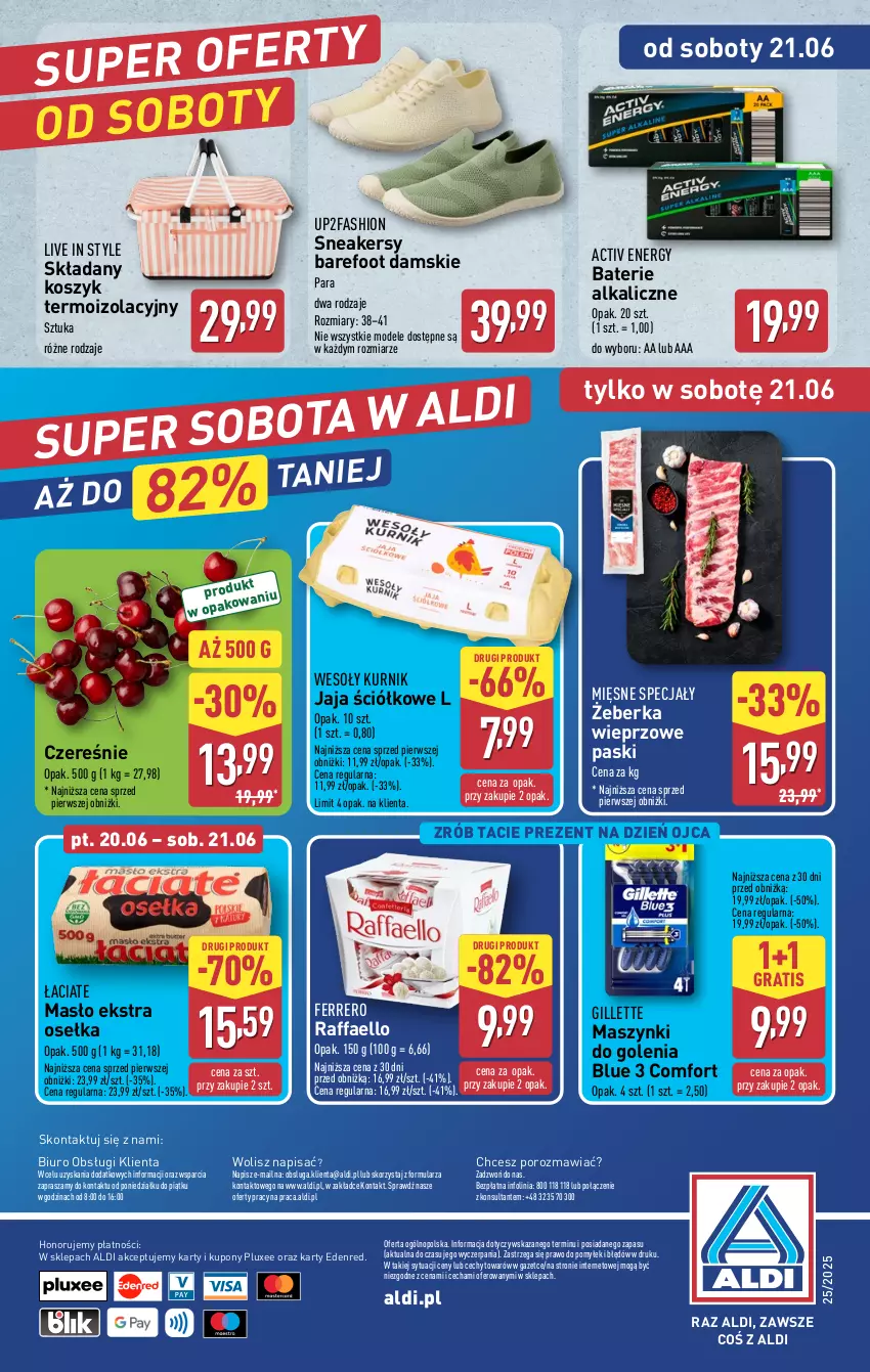 Gazetka promocyjna Aldi - Oferta weekendowa - ważna 18.06 do 21.06.2025 - strona 14 - produkty: Barefoot, Baterie alkaliczne, Biuro, Fa, Ferrero, Gillette, Gra, Jaja, Kosz, Masło, Mięsne specjały, O nas, Por, Raffaello, Sneakersy