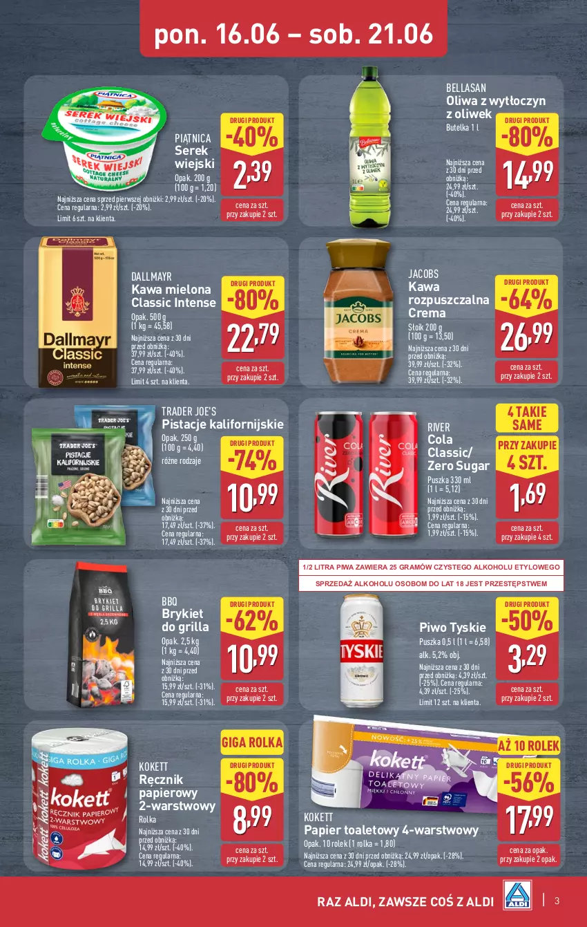 Gazetka promocyjna Aldi - Oferta weekendowa - ważna 18.06 do 21.06.2025 - strona 3 - produkty: Bell, Bella, Dallmayr, Gra, Grill, Jacobs, Kawa, Kawa mielona, Kawa rozpuszczalna, Papier, Papier toaletowy, Piątnica, Pistacje, Piwa, Piwo, Ręcznik, Ser, Serek, Serek wiejski, Tyskie