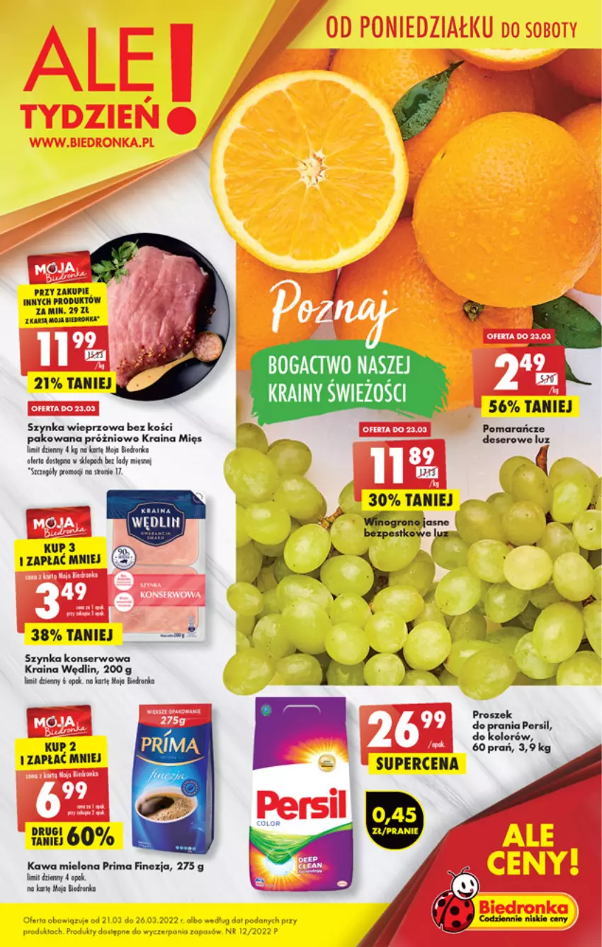 Gazetka promocyjna Biedronka - W tym tygodniu PN - ważna 21.03 do 26.03.2022 - strona 1 - produkty: Deser, Kawa, Kawa mielona, Lody, Persil, Pomarańcze, Prima, Ser, Szynka, Szynka konserwowa