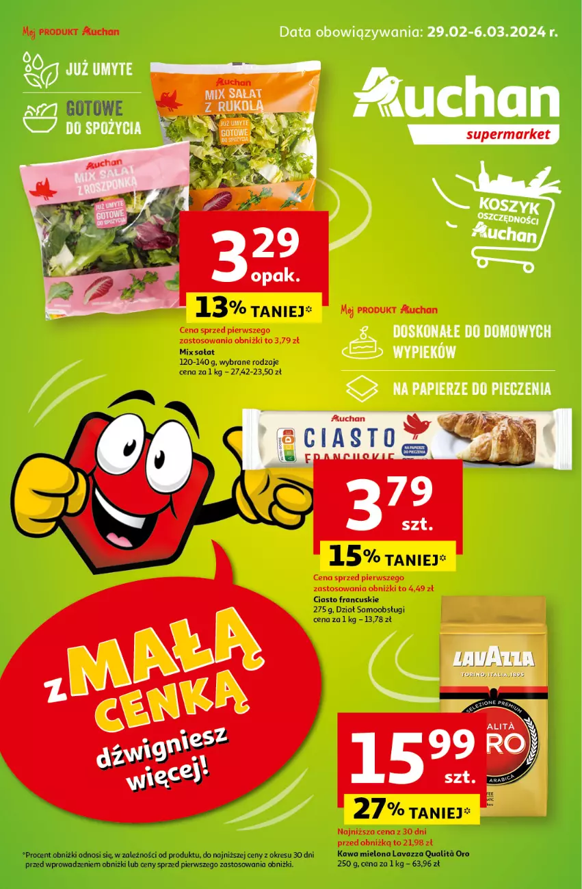 Gazetka promocyjna Auchan - Gazetka z MAŁĄ CENKĄ dźwigniesz więcej! Supermarket Auchan - ważna 29.02 do 06.03.2024 - strona 1 - produkty: Ciasto francuskie, Kawa, Kawa mielona, Lavazza, Papier, Piec