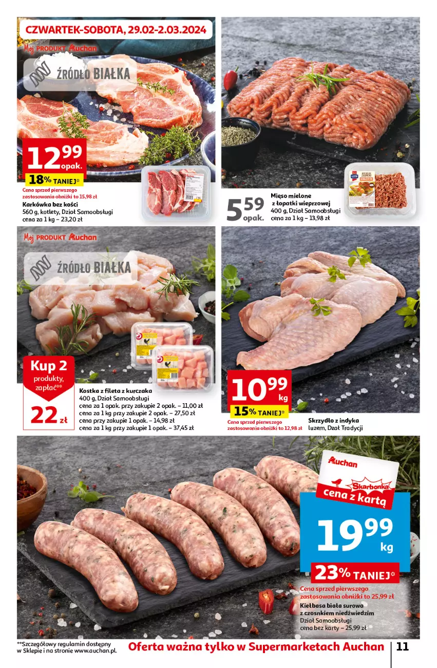 Gazetka promocyjna Auchan - Gazetka z MAŁĄ CENKĄ dźwigniesz więcej! Supermarket Auchan - ważna 29.02 do 06.03.2024 - strona 11 - produkty: Kiełbasa, Kiełbasa biała, Kotlet, Kurczak, Mięso, Mięso mielone, Mięso mielone z łopatki wieprzowej