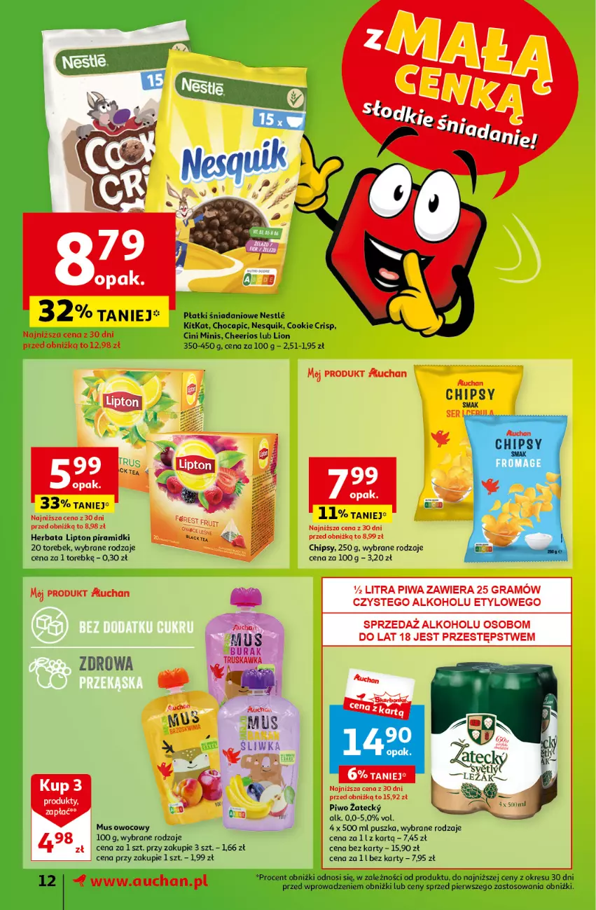 Gazetka promocyjna Auchan - Gazetka z MAŁĄ CENKĄ dźwigniesz więcej! Supermarket Auchan - ważna 29.02 do 06.03.2024 - strona 12 - produkty: Cheerios, Chipsy, Cini Minis, Danio, Gra, Herbata, Lion, Lipton, Mus, Nesquik, Piwa, Piwo, Ser