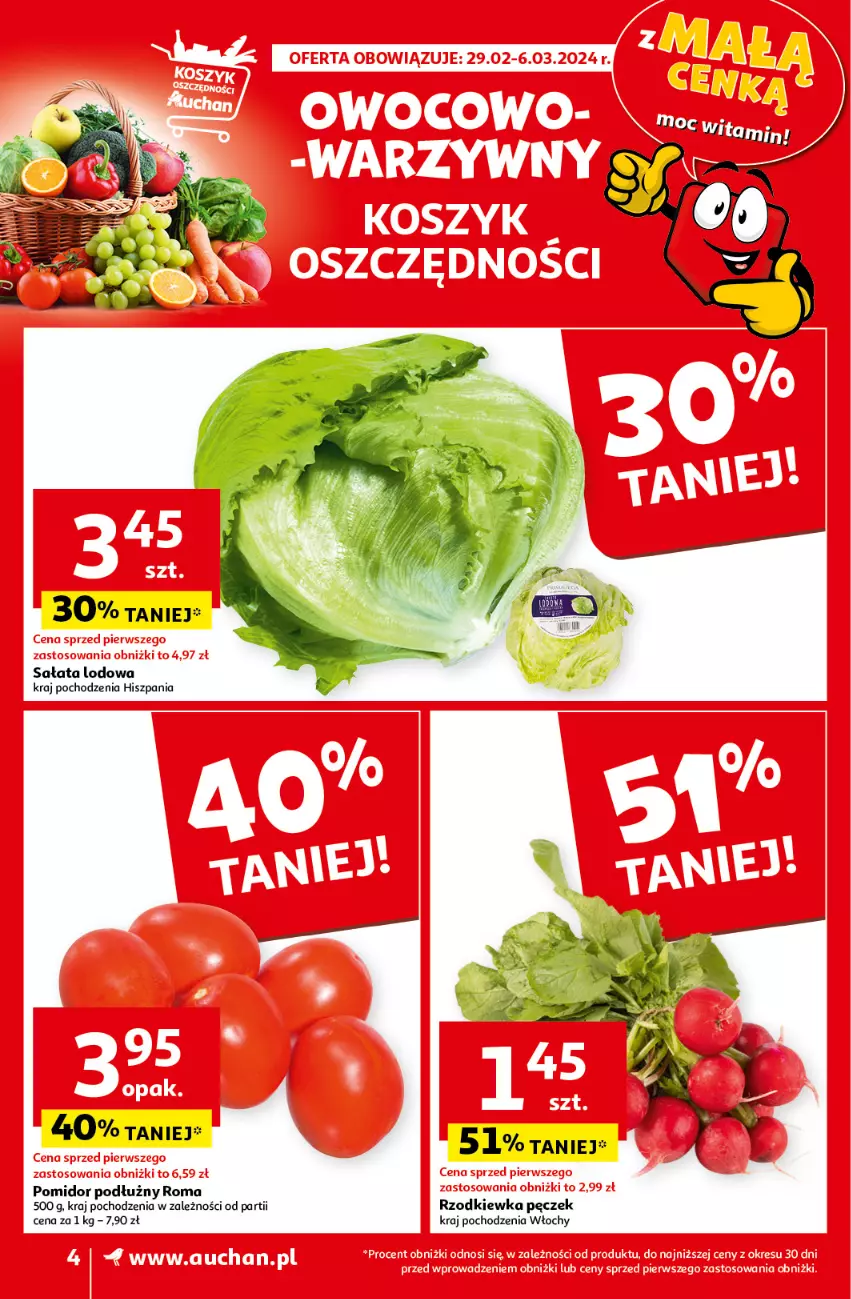 Gazetka promocyjna Auchan - Gazetka z MAŁĄ CENKĄ dźwigniesz więcej! Supermarket Auchan - ważna 29.02 do 06.03.2024 - strona 4 - produkty: Rzodkiewka, Sałat, Sałata lodowa