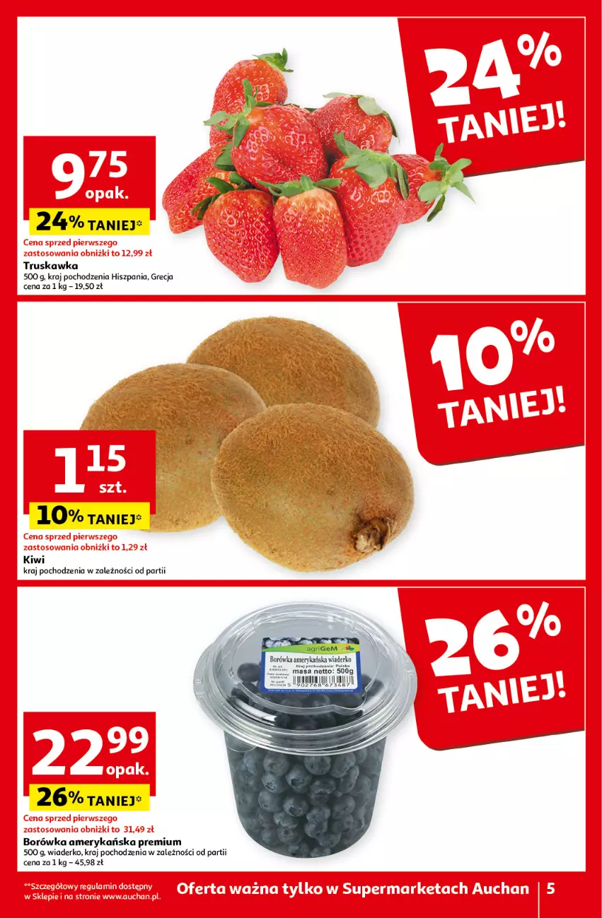 Gazetka promocyjna Auchan - Gazetka z MAŁĄ CENKĄ dźwigniesz więcej! Supermarket Auchan - ważna 29.02 do 06.03.2024 - strona 5 - produkty: Borówka, Borówka amerykańska, Kiwi