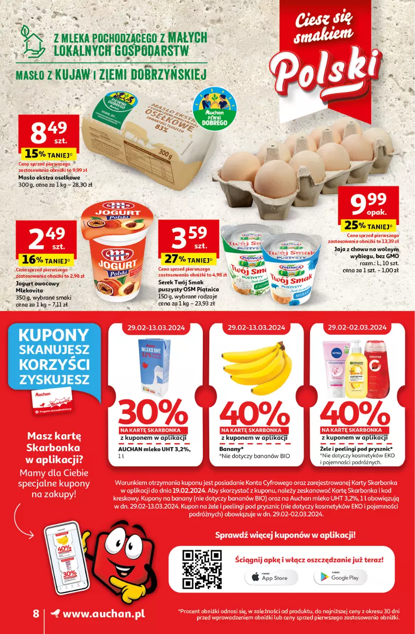 Gazetka promocyjna Auchan - Gazetka z MAŁĄ CENKĄ dźwigniesz więcej! Supermarket Auchan - ważna 29.02 do 06.03.2024 - strona 8 - produkty: Banany, Jaja, Jogurt, Jogurt owocowy, Masło, Mleko, Mlekovita, Peeling, Piątnica, Ser, Serek, Twój Smak