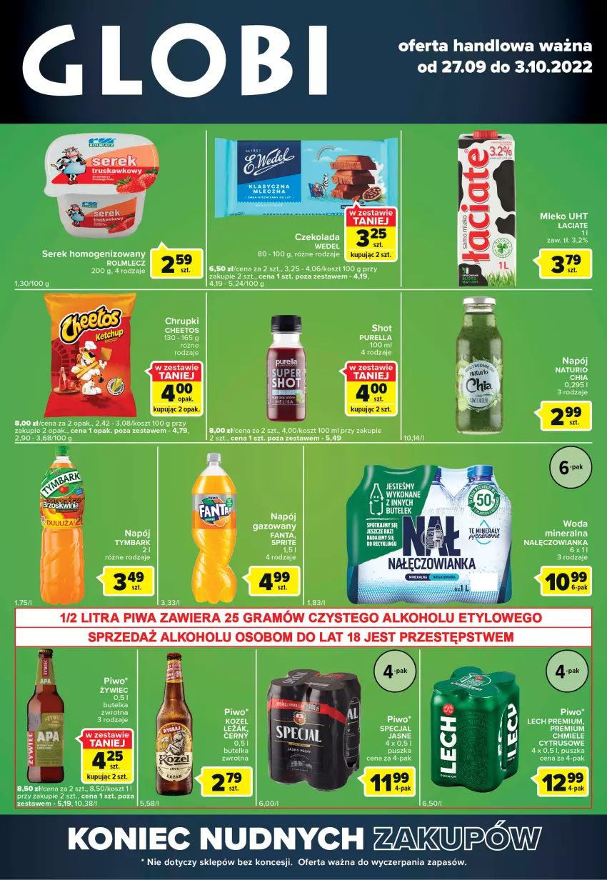 Gazetka promocyjna Carrefour - Gazetka Globi - ważna 27.09 do 03.10.2022 - strona 1 - produkty: Chrupki, Czekolada, Fa, Fanta, Gra, Kosz, Kozel, Lech Premium, Mleko, Nałęczowianka, Napój, Napój gazowany, Piwa, Piwo, Pur, Rolmlecz, Ser, Serek, Serek homogenizowany, Tymbark, Woda, Zlew