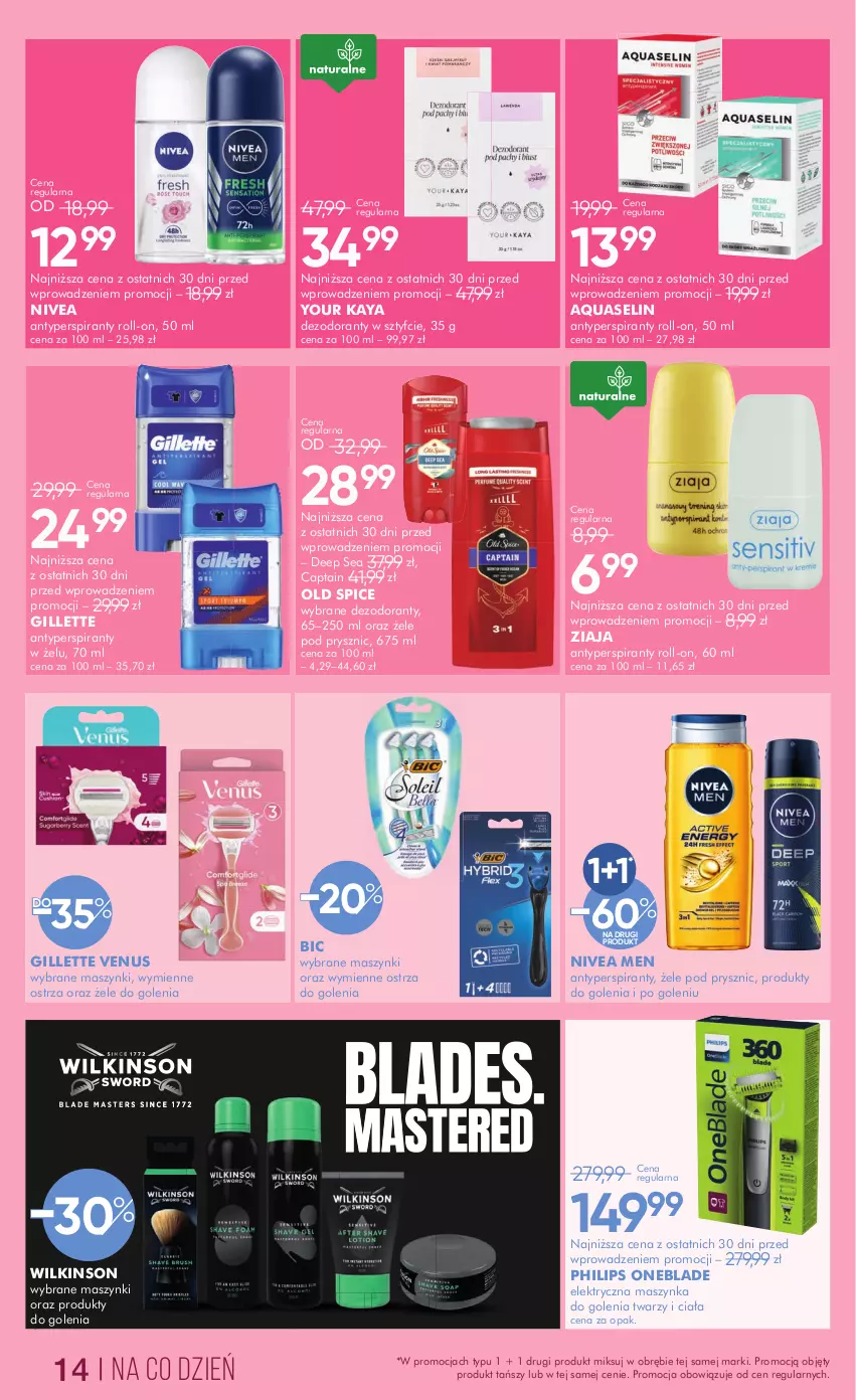 Gazetka promocyjna Super Pharm - Gazetka - ważna 28.02 do 13.03.2025 - strona 14 - produkty: Antyperspirant, Aquaselin, BIC, Dezodorant, Gillette, Gillette Venus, Maszynka, Maszynka do golenia, Nivea, Nivea Men, Old Spice, Philips, Philips OneBlade, Szynka, Venus, Ziaja