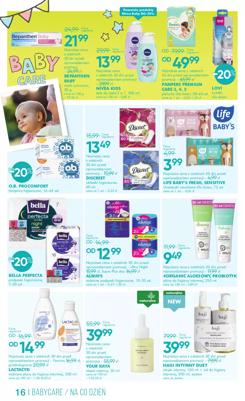 Gazetka promocyjna Super Pharm - Gazetka - ważna 28.02 do 13.03.2025 - strona 16 - produkty: Always, Bell, Bella, Bepanthen, Chusteczki, Discreet, Dzieci, Gin, Lactacyd, Lovi, Nivea, Nivea Baby, O.B., Olej, Pampers, Perfecta, Pieluchy, Podpaski, Probiotyk, Tampony, Wkładki