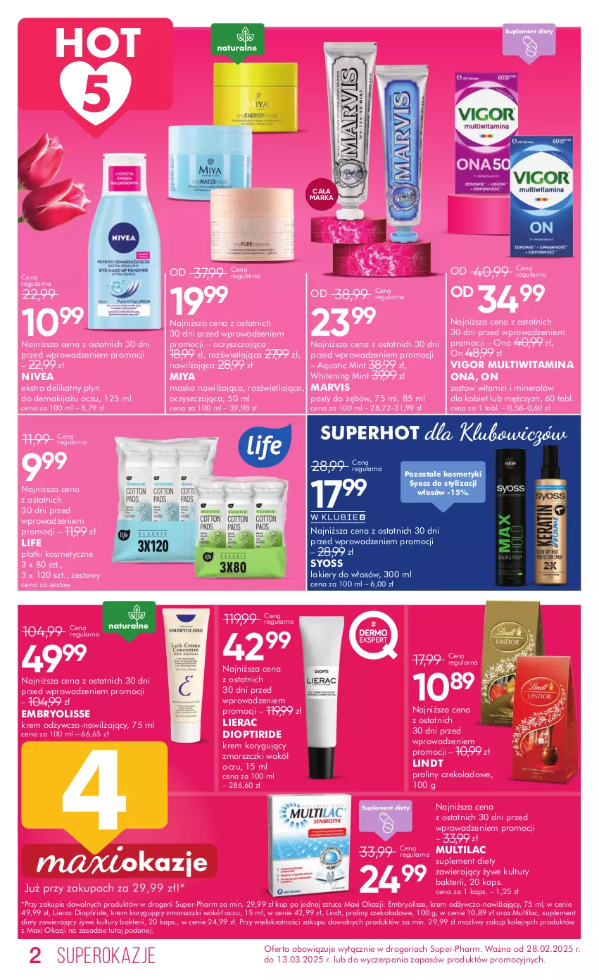 Gazetka promocyjna Super Pharm - Gazetka - ważna 28.02 do 13.03.2025 - strona 2 - produkty: Embryolisse, Lakier, Lierac, Lindt, Makijaż, Mars, Maska, Multilac, Nivea, Olej, Płatki kosmetyczne, Praliny, Suplement diety, Syoss