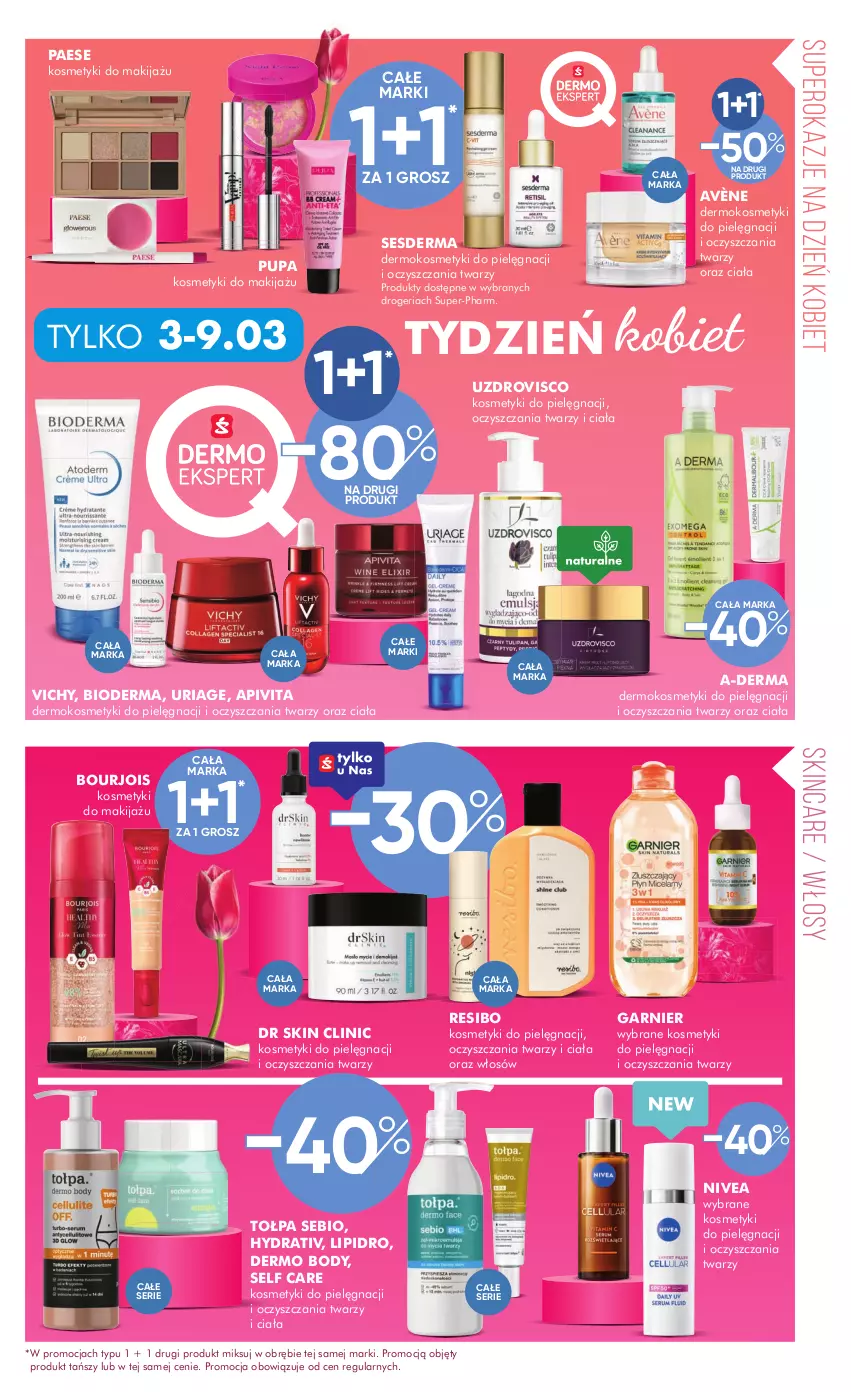 Gazetka promocyjna Super Pharm - Gazetka - ważna 28.02 do 13.03.2025 - strona 5 - produkty: A-derma, Avène, Bioderma, Body, Bourjois, Clin, Garnier, Kosmetyki do pielęgnacji, Makijaż, Nivea, PAESE, Pupa, Ser, Sesderma, Tołpa, Vichy