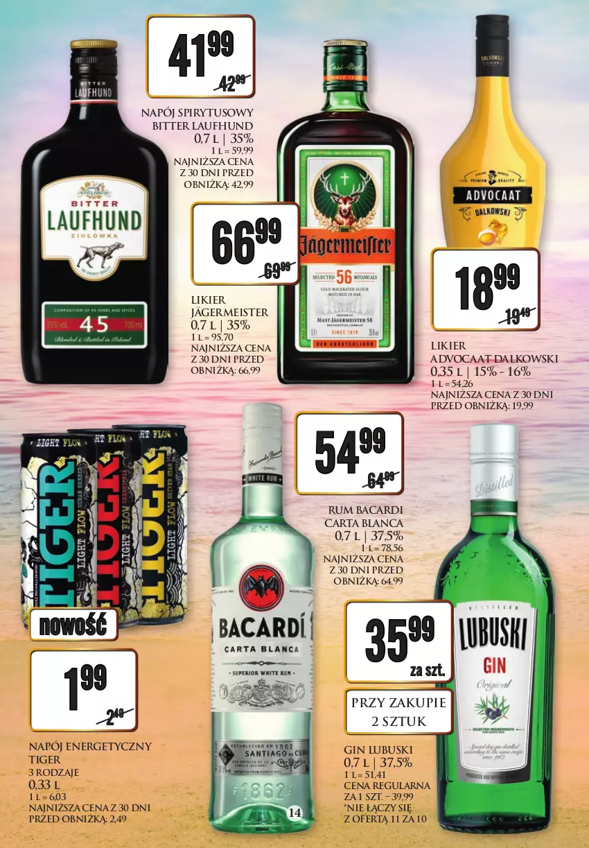 Gazetka promocyjna Dino - Katalog alkoholowy 14-19.08 - ważna 14.08 do 19.08.2023 - strona 14 - produkty: Advocaat, Bacardi, Gin, Likier, Napój, Napój energetyczny, Rum, Tiger