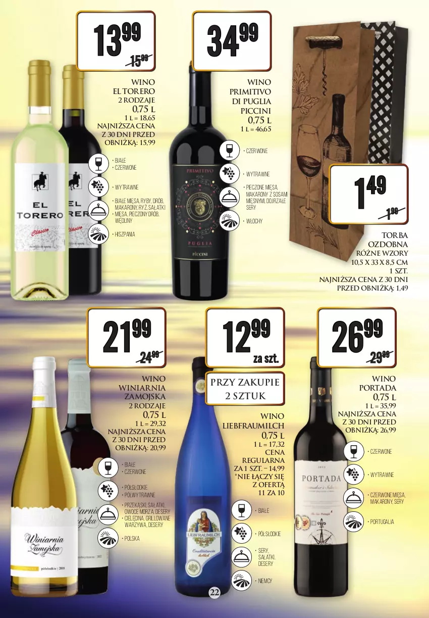 Gazetka promocyjna Dino - Katalog alkoholowy 14-19.08 - ważna 14.08 do 19.08.2023 - strona 22 - produkty: Chardonnay, Deser, Drób, Gra, Grill, Gry, Makaron, Napój, Owoce, Owoce morza, Piec, Por, Portada, Ryż, Sałat, Ser, Sos, Tokaji, Torba, Warzywa, Winiarnia Zamojska, Wino