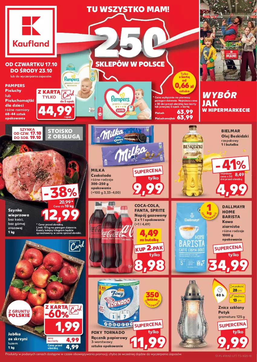 Gazetka promocyjna Kaufland - Gazetka tygodnia - ważna 17.10 do 23.10.2024 - strona 1 - produkty: Beskidzki, Coca-Cola, Czekolada, Dallmayr, Dzieci, Fa, Fanta, Foxy, Gra, Grunt, Jabłka, Kawa, Kawa ziarnista, Majtki, Milka, Napój, Napój gazowany, Olej, Pampers, Papier, Pieluchomajtki, Pieluchy, Rama, Ręcznik, Sok, Sprite, Szynka, Szynka wieprzowa, Znicz