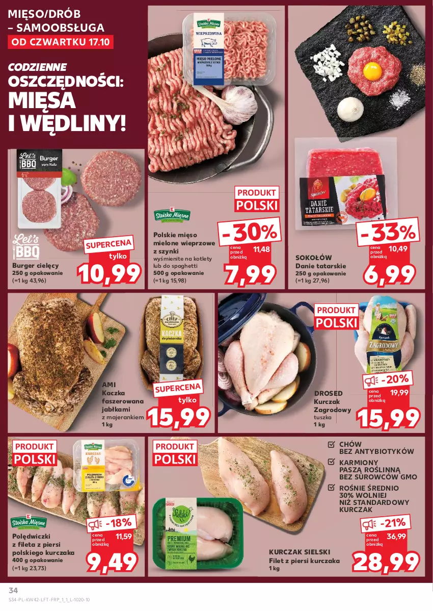 Gazetka promocyjna Kaufland - Gazetka tygodnia - ważna 17.10 do 23.10.2024 - strona 34 - produkty: Burger, Drób, Fa, Filet z piersi kurczaka, Jabłka, Kaczka, Kaczka faszerowana, Karmi, Kotlet, Kurczak, Mięso, Mięso mielone, Sok, Sokołów, Spaghetti, Tusz