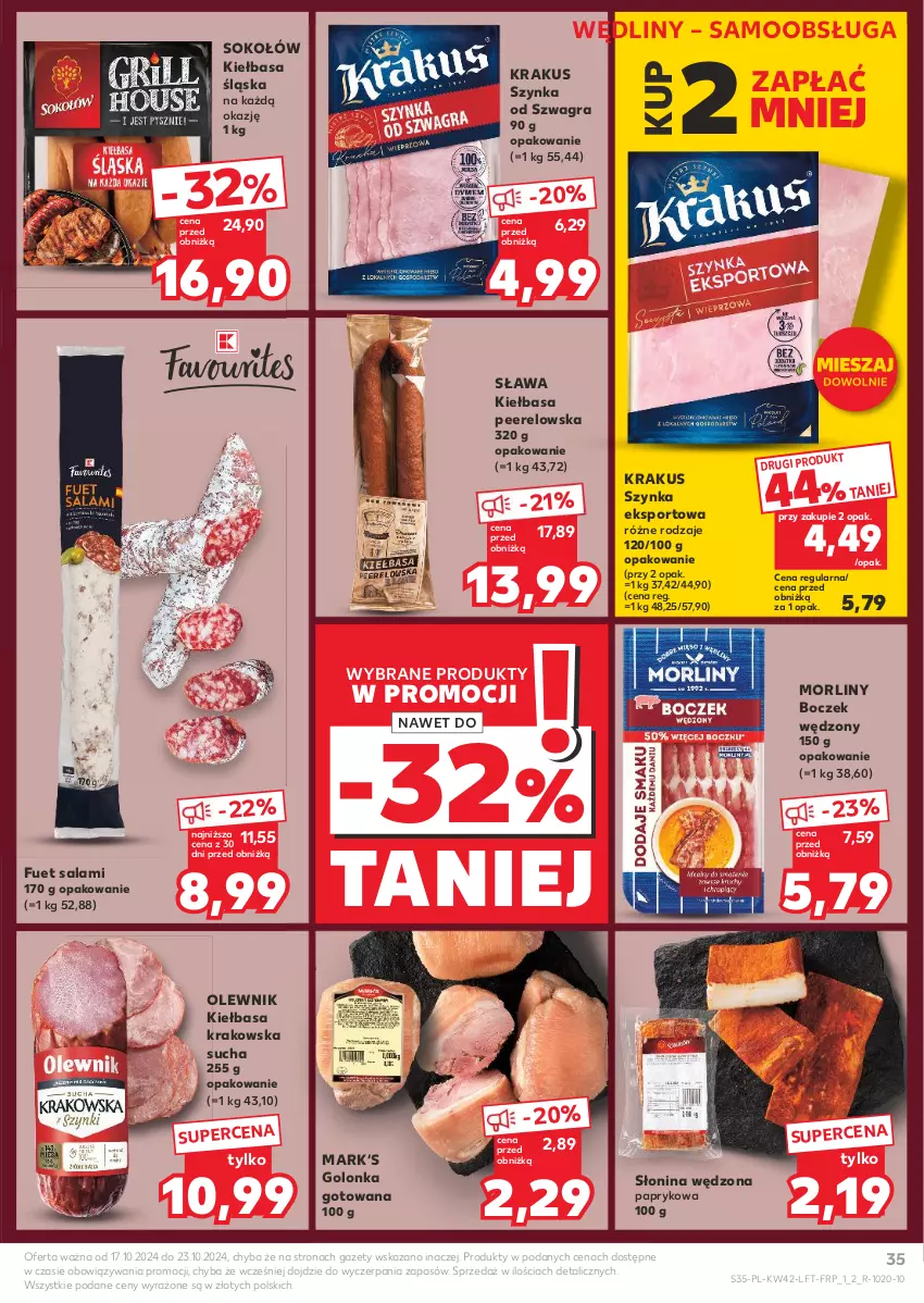 Gazetka promocyjna Kaufland - Gazetka tygodnia - ważna 17.10 do 23.10.2024 - strona 35 - produkty: Boczek, Gra, Kiełbasa, Kiełbasa krakowska, Kiełbasa śląska, Krakus, Morliny, Olewnik, Por, Salami, Sok, Sokołów, Sport, Szynka