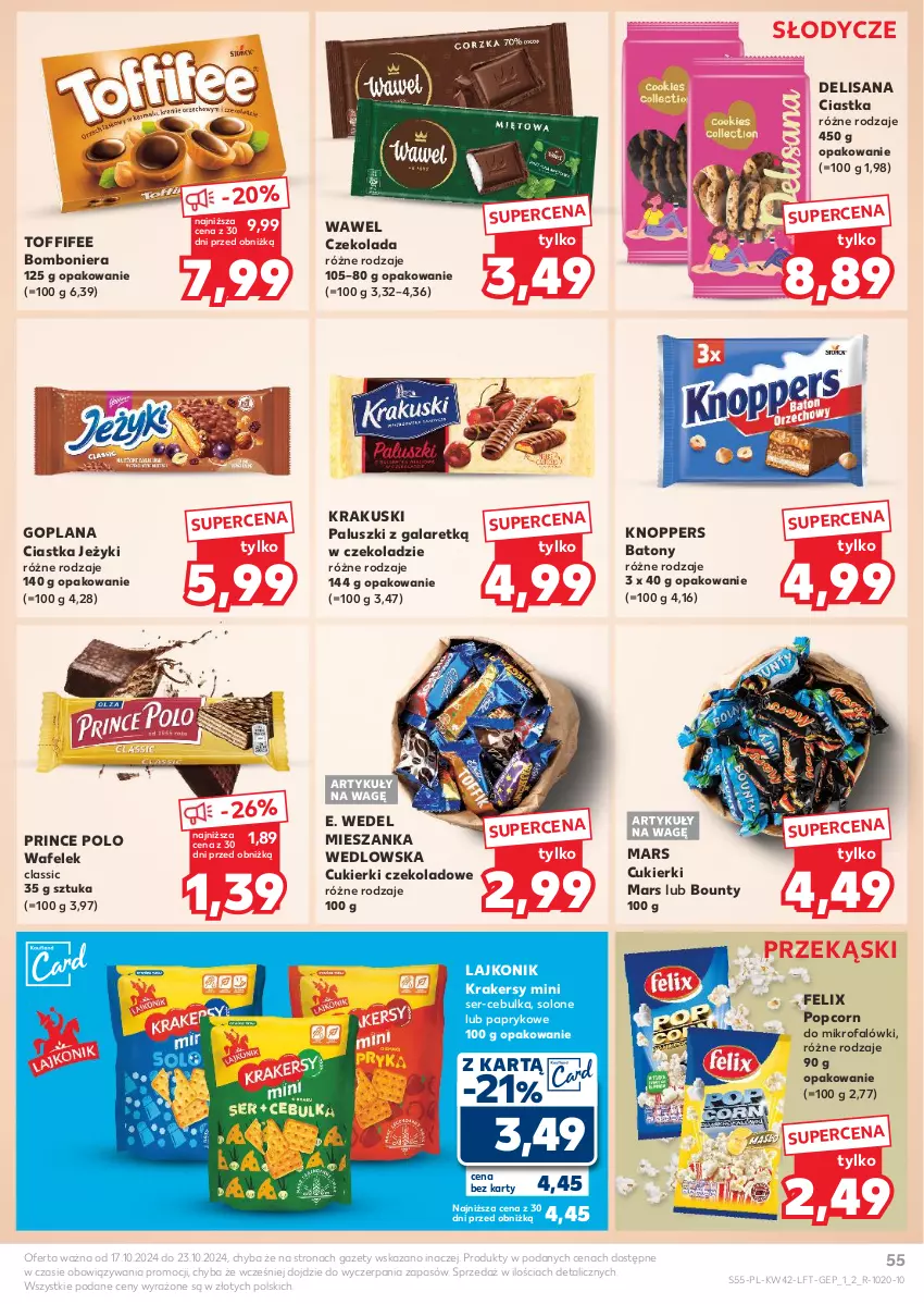 Gazetka promocyjna Kaufland - Gazetka tygodnia - ważna 17.10 do 23.10.2024 - strona 55 - produkty: Baton, Bomboniera, Bounty, Ciastka, Cukier, Cukierki, Cukierki czekoladowe, Czekolada, E. Wedel, Fa, Felix, Gala, Goplana, Isana, Jeżyki, Knoppers, Krakersy, Krakus, Krakuski, Lajkonik, LANA, Mars, Mieszanka wedlowska, Popcorn, Prince Polo, Ser, Toffifee, Wafelek, Wawel