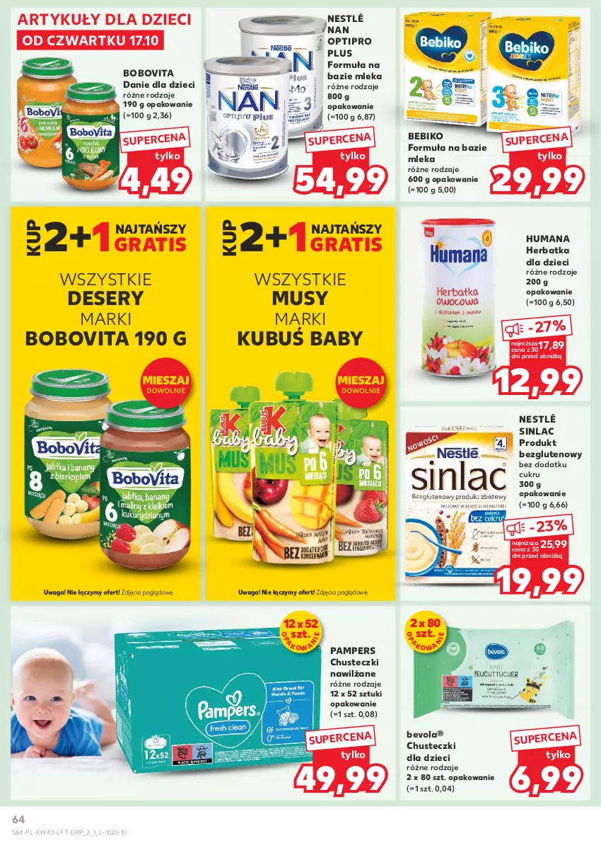 Gazetka promocyjna Kaufland - Gazetka tygodnia - ważna 17.10 do 23.10.2024 - strona 64 - produkty: Bebiko, BoboVita, Chusteczki, Danie dla dzieci, Deser, Dzieci, Gra, Humana, Kubuś, Mus, NAN Optipro, Nestlé, Pampers, Ser, Sinlac, Waga