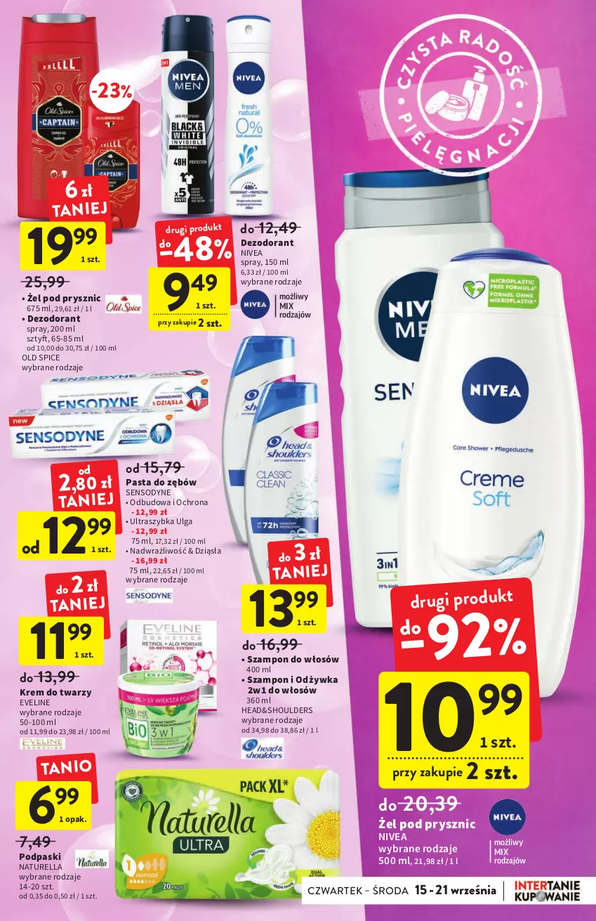 Gazetka promocyjna Intermarche - Gazetka Intermarche - ważna 15.09 do 21.09.2022 - strona 35 - produkty: Dezodorant, Eveline, Krem do twarzy, LG, Naturell, Naturella, Nivea, Odżywka, Old Spice, Pasta do zębów, Podpaski, Sensodyne, Szampon