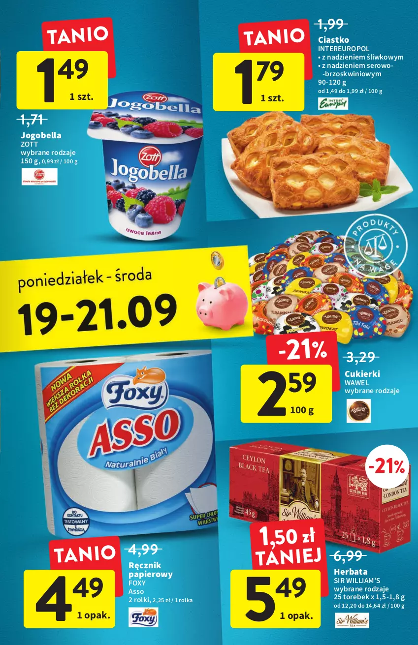 Gazetka promocyjna Intermarche - Gazetka Intermarche - ważna 15.09 do 21.09.2022 - strona 39 - produkty: Bell, Bella, Cukier, Cukierki, Foxy, Herbata, Jogobella, Papier, Ręcznik, Rolki, Ser, Wawel, Zott