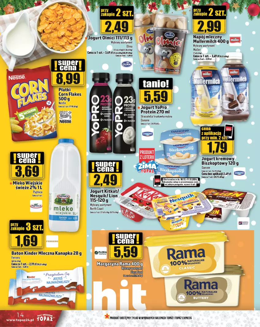 Gazetka promocyjna Topaz - Gazetka - ważna 05.12 do 11.12.2024 - strona 14 - produkty: Baton, Corn flakes, Danone, Ferrero, Jogurt, Kinder, Lion, Mleczna kanapka, Mleko, Napój, Napój mleczny, Nesquik, Piątnica, Top