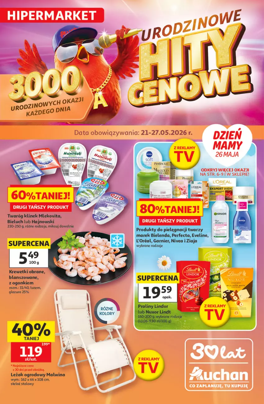 Gazetka promocyjna Auchan - Gazetka 30 Lat Hipermarket Auchan - ważna 21.05 do 27.05.2026 - strona 1 - produkty: Bieluch, Glazura, Krewetki, Lazur, Mleko, Mlekovita, Perfecta, Twaróg