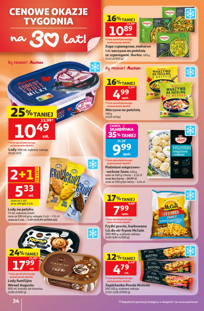Gazetka promocyjna Auchan - Gazetka 30 Lat Hipermarket Auchan - ważna 21.05 do 27.05.2026 - strona 34 - produkty: Fa, Frytki, Hortex, Lody, Makaron, McCain, Warzywa, Wawel, Zapiekanka, Zupa