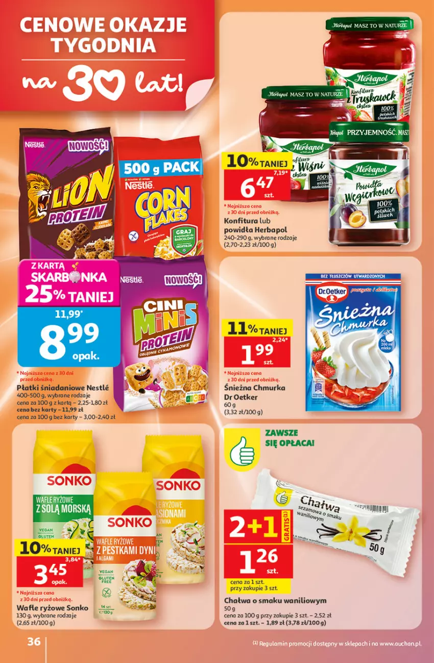 Gazetka promocyjna Auchan - Gazetka 30 Lat Hipermarket Auchan - ważna 21.05 do 27.05.2026 - strona 36 - produkty: Chałwa, Danio, Herbapol, Konfitura, Ryż, Sonko, Wafle