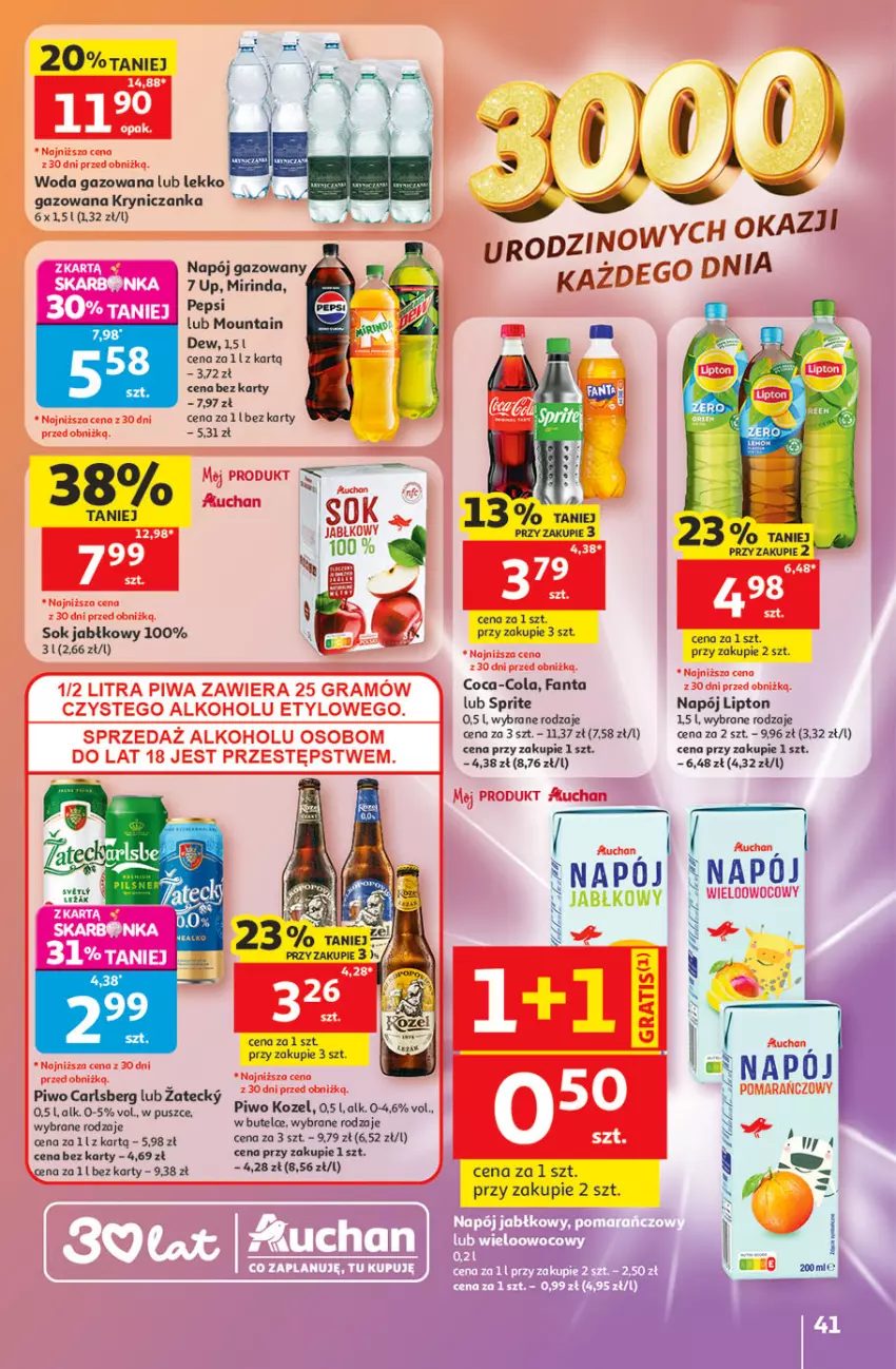 Gazetka promocyjna Auchan - Gazetka 30 Lat Hipermarket Auchan - ważna 21.05 do 27.05.2026 - strona 41 - produkty: Carlsberg, Coca-Cola, Fa, Fanta, Kozel, Lipton, Mirinda, Napój, Pepsi, Piwo, Ser, Sok, Sok jabłkowy, Sprite, Woda, Woda gazowana