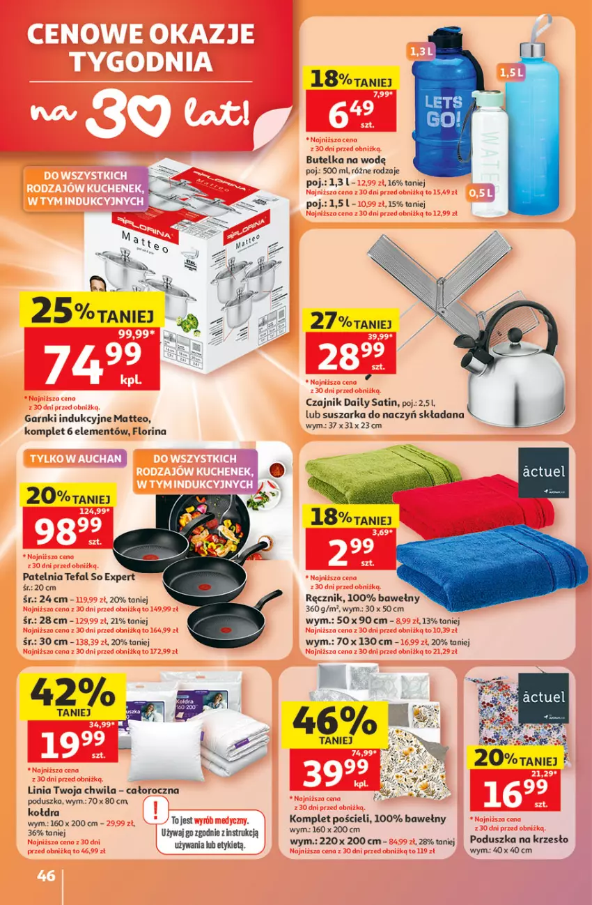 Gazetka promocyjna Auchan - Gazetka 30 Lat Hipermarket Auchan - ważna 21.05 do 27.05.2026 - strona 46 - produkty: Czajnik, Fa, Kołdra, Komplet pościeli, Krzesło, Patelnia, Poduszka, Pościel, Ręcznik, Sati, Suszarka, Suszarka do naczyń, Tefal
