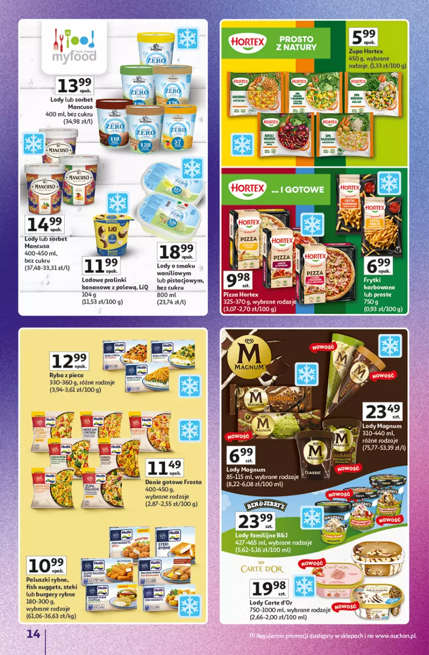 Gazetka promocyjna Auchan - Gazetka Znane Marki Hipermarket Auchan - ważna 11.06 do 17.06.2026 - strona 14 - produkty: Burger, Danie gotowe, Frosta, Hortex, Lody, Piec, Pizza, Ryba, Stek